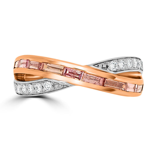 Natural Intense Pink Baguette Diamonds Cross-Over Ring